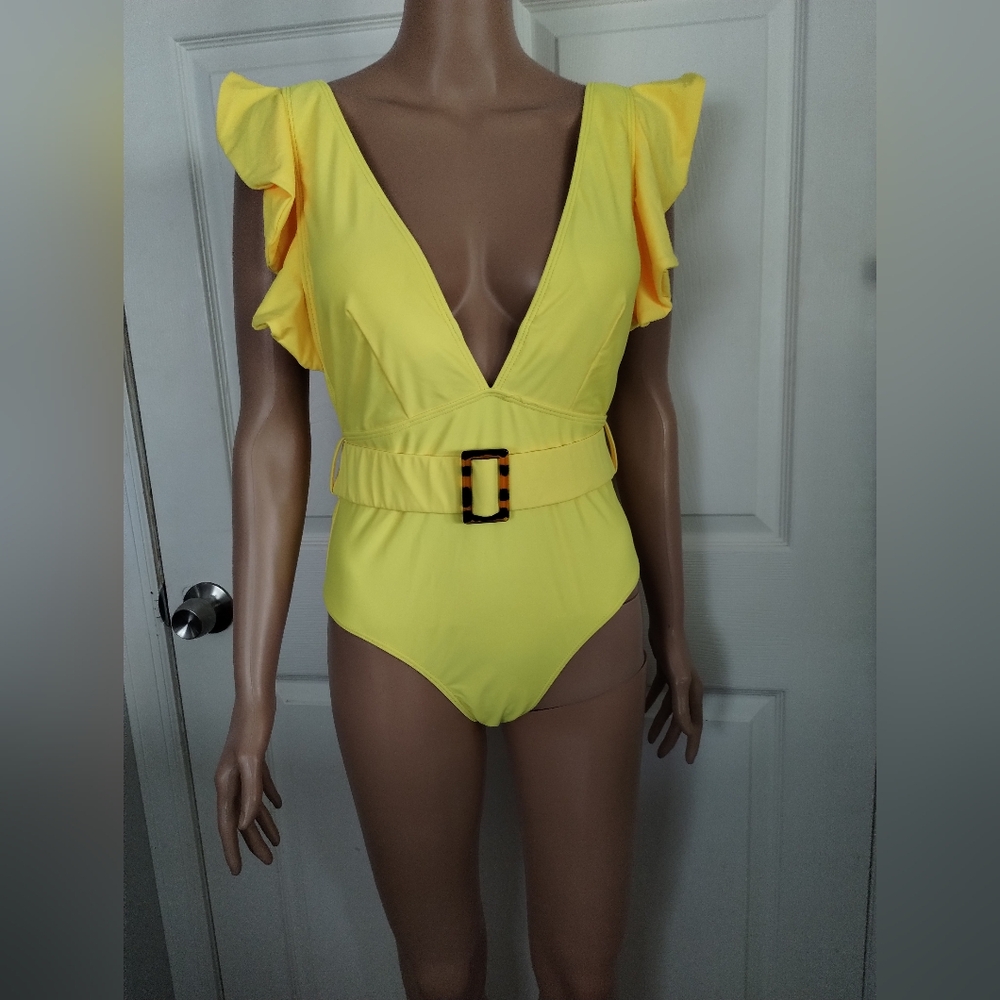 Yellow Ruffle V-Neck Swimsuit Medium